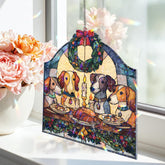 Christmas Dogs Acrylic Suncatcher, Stained Glass Style Holiday Window Panel with Wreath and Candlelit Dinner, Pet Lover Gift Decor